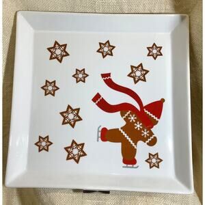 CRATE AND BARREL ice skating gingerbread 12 inch square serving platter